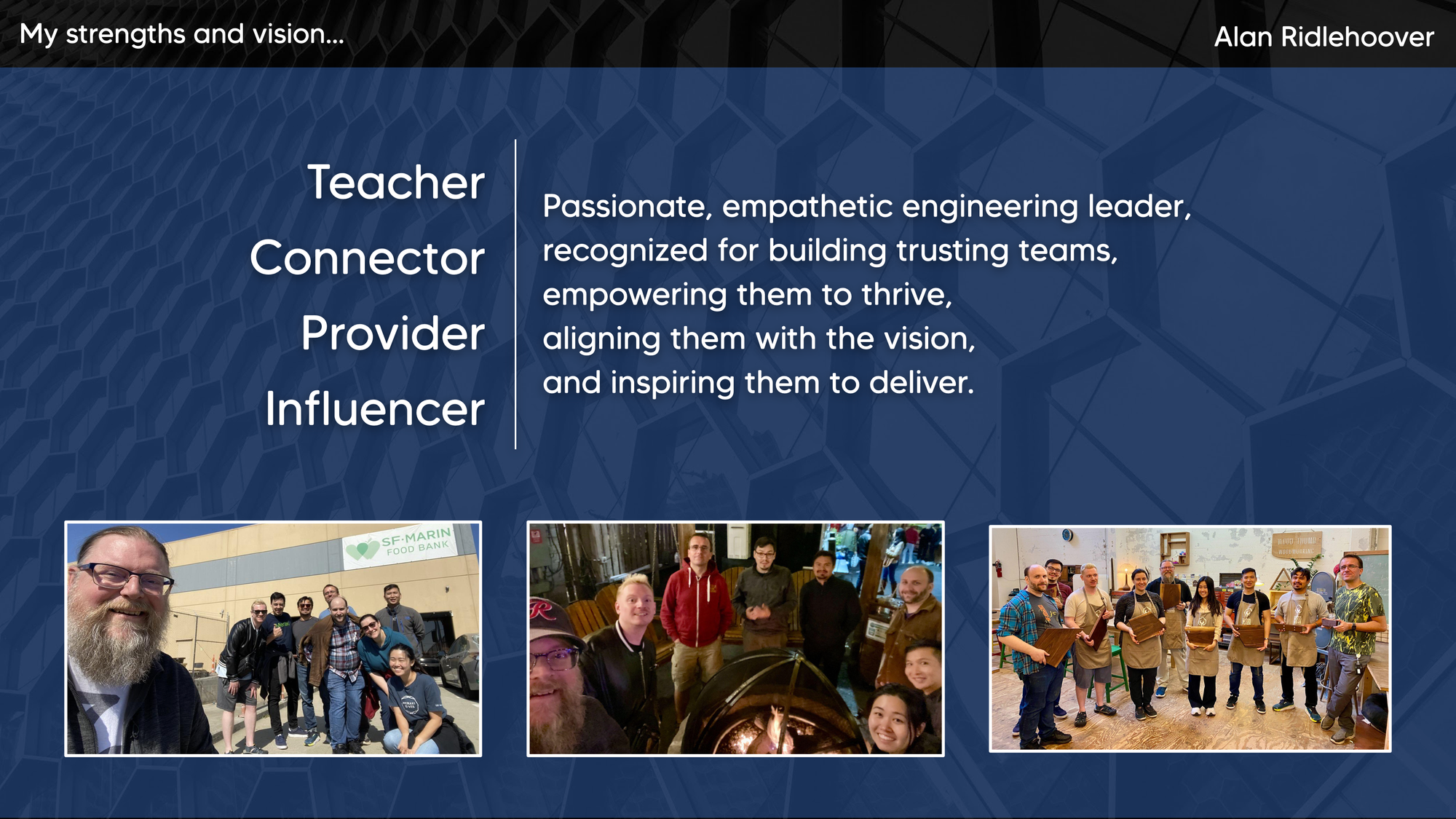 Alan Ridlehoover's Leadership Deck - Strengths and Vision slide with photos of my teams