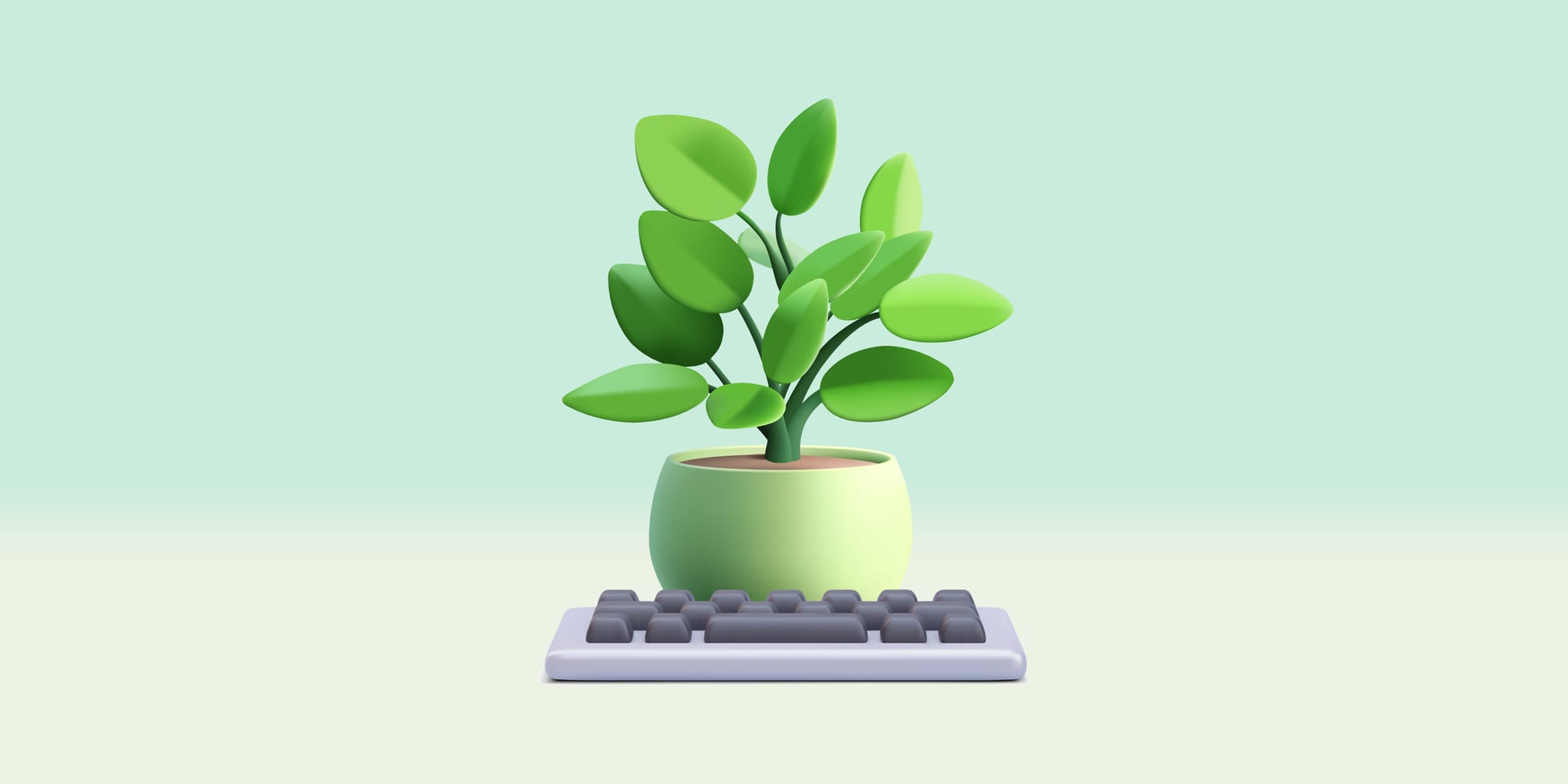 A simple computer keyboard sitting in front of a plant in a green 