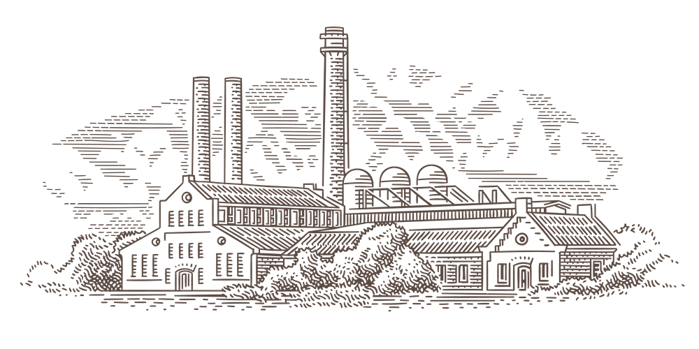 Pen and ink drawing of a nineteenth century factory.