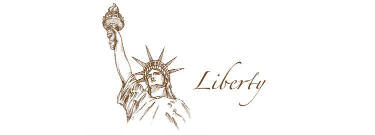 Pen & ink sketch of the Statue of Liberty alongside the word Liberty